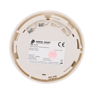 Detector combinado endereçável de incêndio JADE BIRD JBE-2115 branco com etiqueta técnica e selo de aprovação