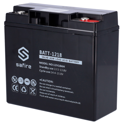 Bateria Safire BATT-1218 preta com texto branco e símbolos de cuidado