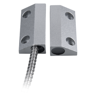 Sensor magnético de porta em alumínio cinzento com mola e furos para fixação