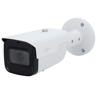 Câmara de segurança branca com lente preta e suporte de montagem