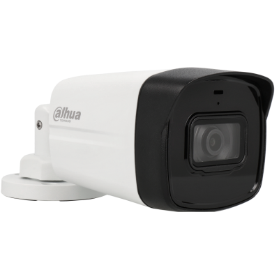 Câmera de segurança Dahua branca e preta com lente frontal