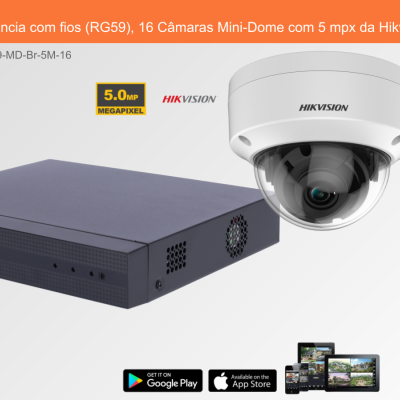 Sistema de videovigilância com 16 câmaras Mini-Dome Hikvision e gravador digital preto