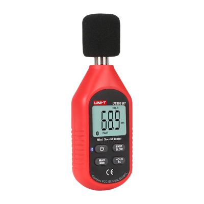 Mini Sound Meter vermelho com ecrã digital e microfone com espuma preta