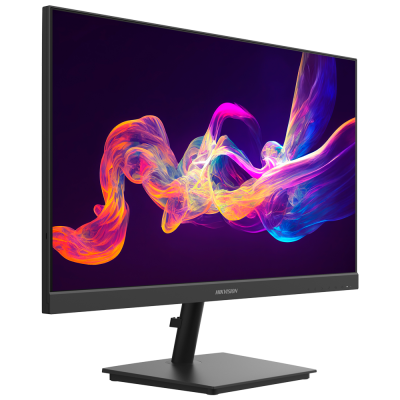 Monitor preto com suporte e base quadrada exibindo imagem abstrata colorida no ecrã