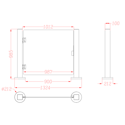 Desenho técnico de porta retangular com medidas em vermelho.