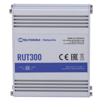 Roteador industrial Teltonika Networks RUT300 cinza com etiqueta azul