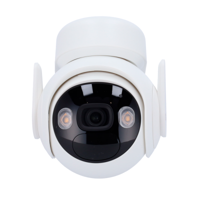 Câmara de vigilância branca com lente preta e refletores laterais hexagonais