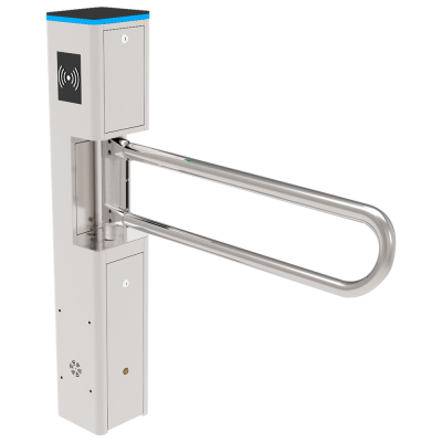 Barreira de segurança metálica branca com barras articuladas cromadas e símbolo de ondas para cartão