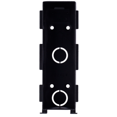 Suporte preto retangular de plástico com orifícios circulares e textos