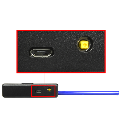 Portas USB-C e amarela em dispositivo preto com ponta azul
