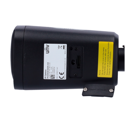 Câmara IP preta com etiquetas e slot para cartão MicroSD