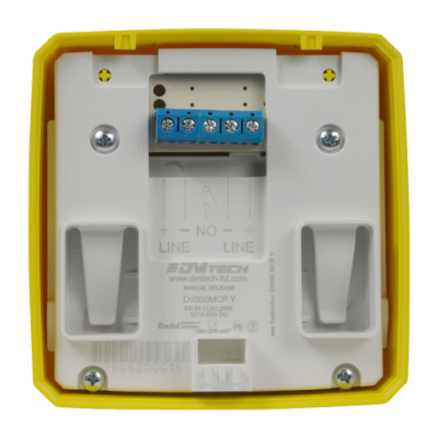 Dispositivo quadrado amarelo com base branca e terminais azuis para conexões