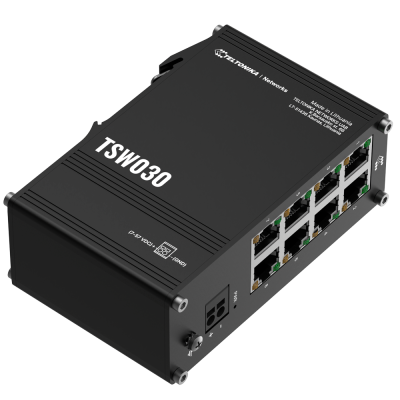 Dispositivo de rede TSW030 preto com oito portas ethernet.