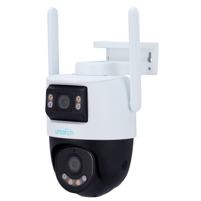 Câmara de segurança AI Pro Bullet branca e preta com duas antenas e LEDs