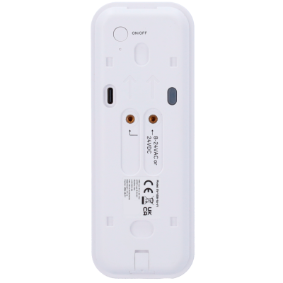 Dispositivo branco com botão ON/OFF e conectores dourados