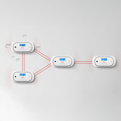 Detectores de monóxido de carbono brancos com ecrãs azuis montados numa parede branca
