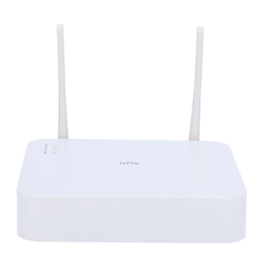 Roteador wireless branco com duas antenas.