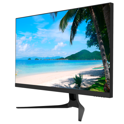 Monitor preto com ecrã a mostrar praia tropical com palmeiras e mar azul