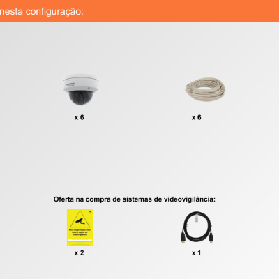 Componentes do sistema de videovigilância incluindo câmaras, cabos, switch, rato, placas de aviso e acessórios variados.