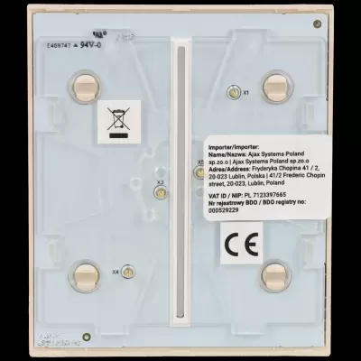 Componente eletrônico quadrado plástico branco e cinzento com etiquetas e símbolos CE e lixo proibido