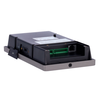 Módulo eletrónico preto com conetores verdes e porta RJ45