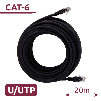Cabo de rede preto com conectores RJ45 e texto Cat-6, U/UTP, 20m