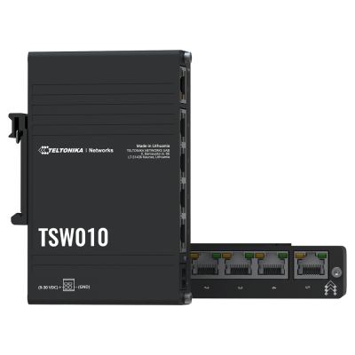 Dispositivo de rede preto Teltonika TSW010 com portas Ethernet e texto impresso