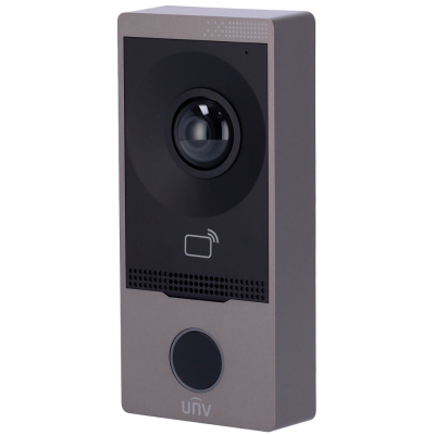 Intercomunicador cinza e preto com lente circular e botão preto