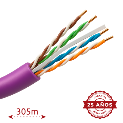 Cabo de rede roxo com fios coloridos torcidos e selo de garantia de 25 anos