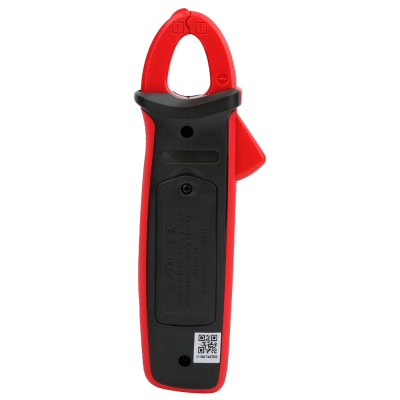 Dispositivo vermelho e preto com garras de medição e código QR