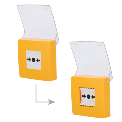 Botões de emergência amarelos com proteção plástica translúcida e símbolo de pressão