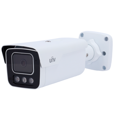 Câmara de vigilância branca com lente e sensores frontais, montada em suporte branco.