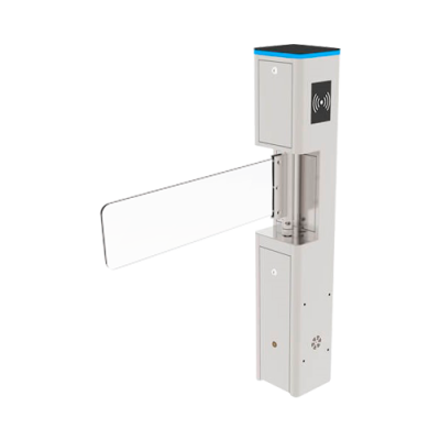 Porta de barreira automática metálica com braçadeira branca e ícone RFID