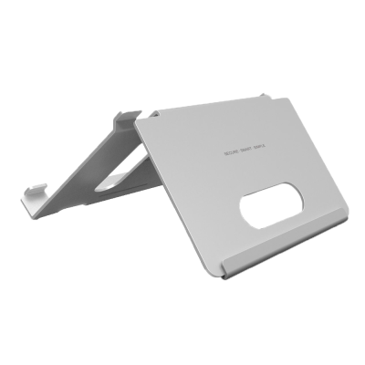 Suporte ajustável para portátil cinzento com corte retangular e texto impressa
