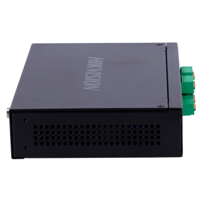 Aparelho electrónico preto com marca HIKVISION e conectores verdes