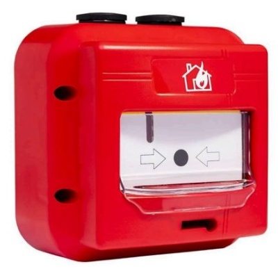 dispositivo vermelho para alarme de incêndio com ícone branco e setas na frente