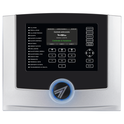Painel de controlo de sistema anti-incêndio TecnoFire com ecrã digital e botões numéricos