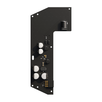 Placa eletrónica preta com condensadores prateados e componentes eletrónicos