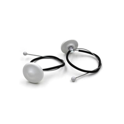 Pulseiras com elástico preto, disco branco e fio metálico espiral