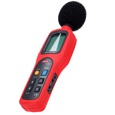 Medidor de som digital portátil vermelho com ecrã e microfone com protetor de espuma preto