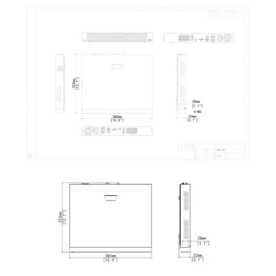 Desenho técnico a preto e branco de dispositivo eletrónico quadrado com várias vistas e medições