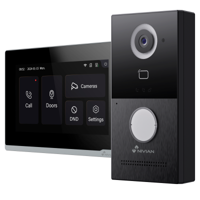 Sistema de vídeo porteiro preto com monitor tátil e botão grande