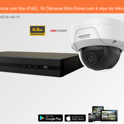 Câmara Mini-Dome branca e gravador preto para sistema de videovigilância da Hikvision