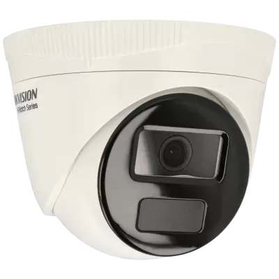 Câmara de vigilância branca e preta tipo dome com texto Hikvision HiWatch Series