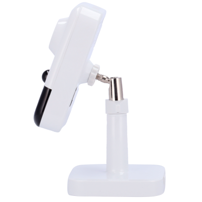 Dispositivo branco com suporte ajustável em metal e base retangular branca