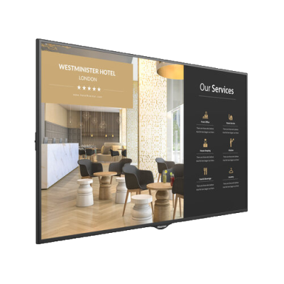 Ecrã Hisense mostrando hotel moderno e lista de serviços