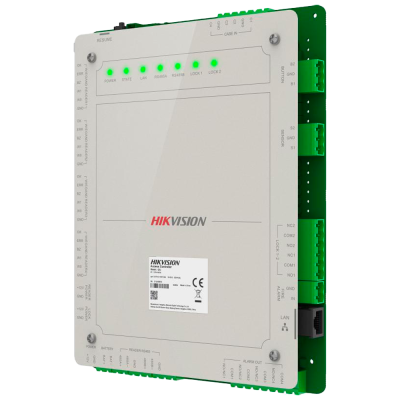 Controlador de acesso Hikvision cinza com LED verdes e conexões laterais verdes