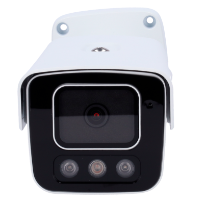 Câmara de segurança branca com painel preto e lente central