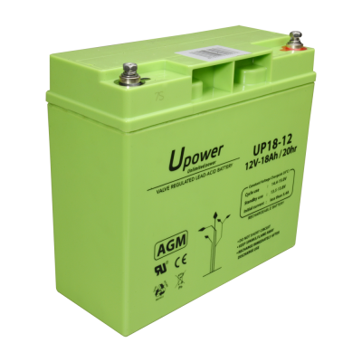 Bateria verde clara Upower AGM 12V-18Ah com texto preto.