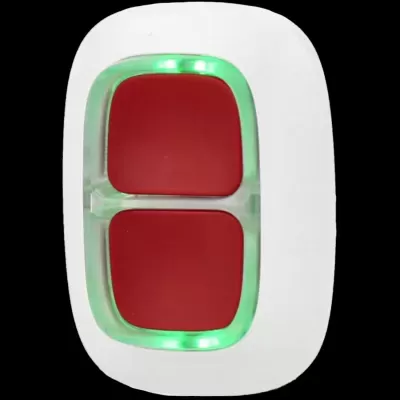 Interruptor de parede branco com dois botões vermelhos e moldura verde